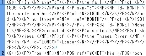 通常のエディタによるXML木構造の表示例