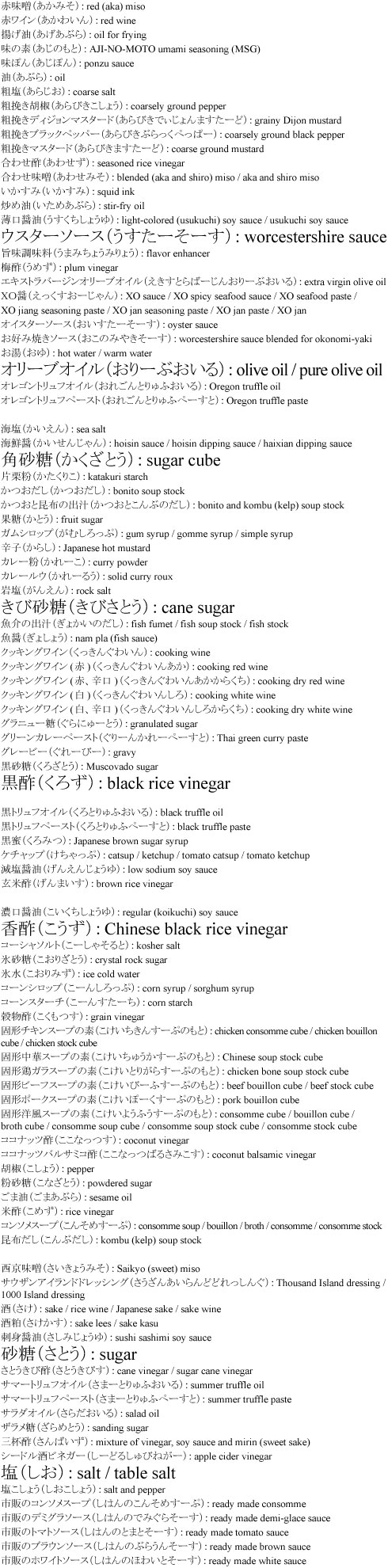 和英辞書：調味料1：オリーブオイル